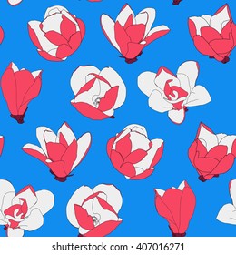 Six drawing vector isolated pink magnolias on blue background pattern