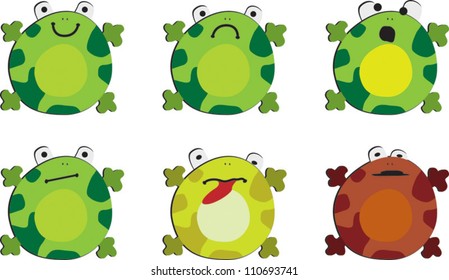 Six drawings of the frog on white background, showing different emotions