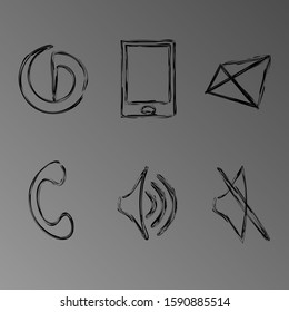 six drawn black web icons: power, mobile, envelope, landline, volume symbols