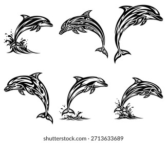 Seis dinámicas siluetas tribales de delfines con intrincados patrones de arte de líneas y detalles de olas saltando del agua ideales para la conservación marina y proyectos artísticos como tatuajes