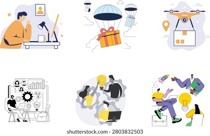 Six dynamic vector illustrations depict diverse business scenarios including drone delivery, remote education, collaborative teamwork, and creative problem-solving.