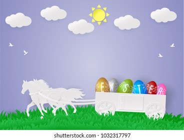 six easter eggs in the carriage by horse to around the world, sun,grass,bird,cloud. Vector illustration, banner, poster, voucher.paper cut,digital craft.