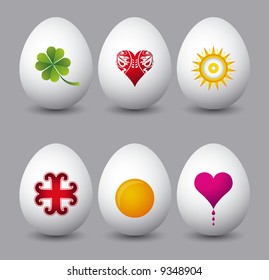 six easter eggs with different symbols over grey background