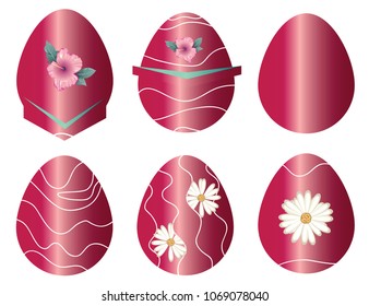 six Easter eggs vector set with dark pink colors and decorative flowers