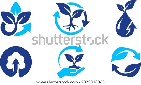 Six ecological logos with blue and dark blue elements, including plants, leaves, recycling arrows, and cloud symbols.
