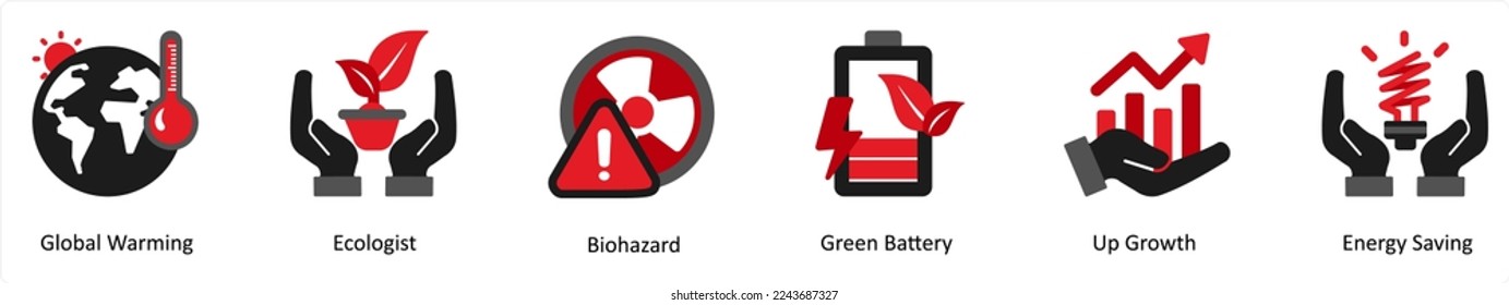 Six ecology icons in red and black as global warming, ecologist, biohazard