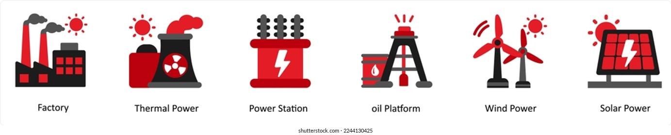 Six ecology icons in red and black as factory, thermal power, power station