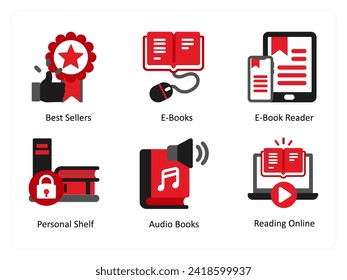Six education icons in red and black as best sellers, e books, e book reader
