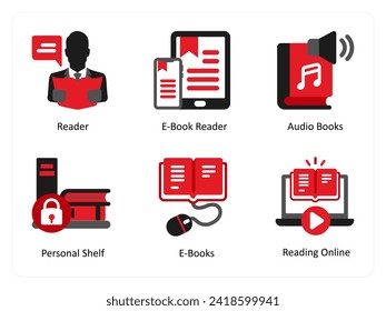 Six education icons in red and black as reader, e book reader, audio books
