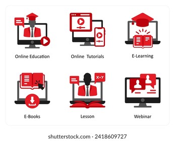 Six Education icons in red and black as online education, online tutorials, e learning
