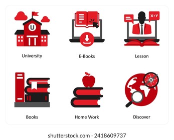 Six Education icons in red and black as university, e books, lesson
