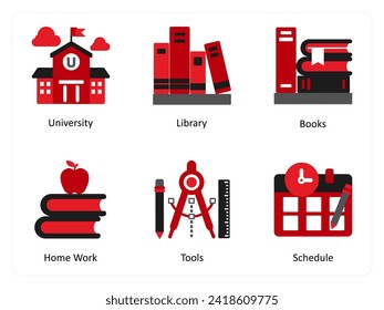 Six Education icons in red and black as university, library, books
