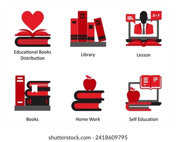 Six Education icons in red and black as educational books distribution, library, lesson

