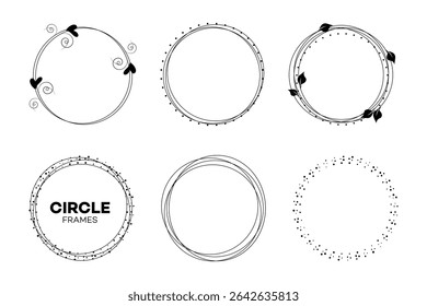 Six Elegant Black Circle Frames Hearts, Leaves, Dots Design
