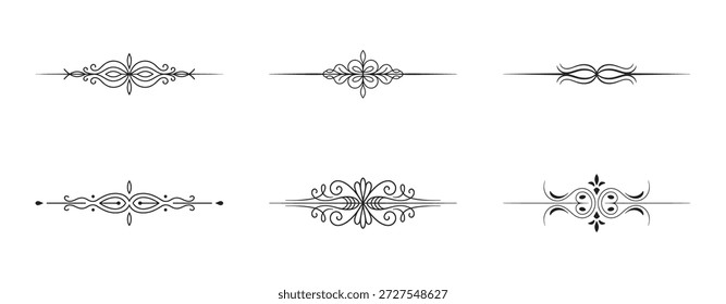 Seis elegantes floreios cursivos pretos e divisores de linha perfeitos para certificados e convites de casamento.