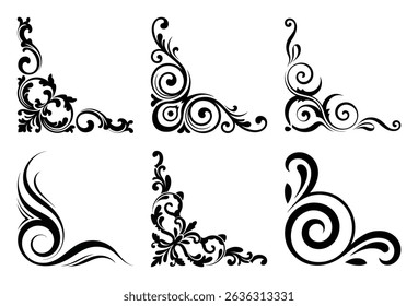 Six elegant black floral corner ornaments