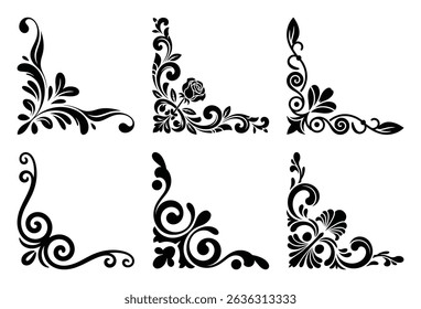 Six elegant black floral corner ornaments
