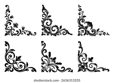 Six elegant black floral corner ornaments