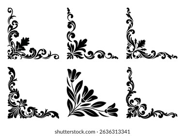 Six elegant black floral corner ornaments