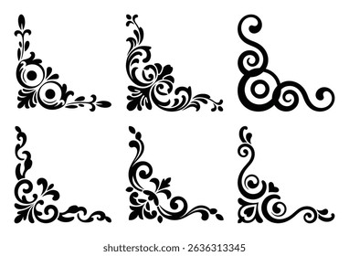 Six elegant black floral corner ornaments