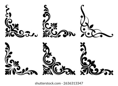 Six elegant black floral corner ornaments