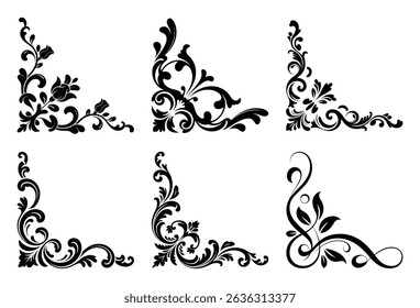 Six elegant black floral corner ornaments