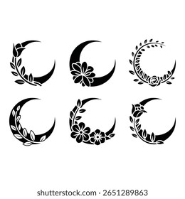 Six Elegant Black Floral Crescent Moon Designs Vector Illustrations Romantic Mystical Style