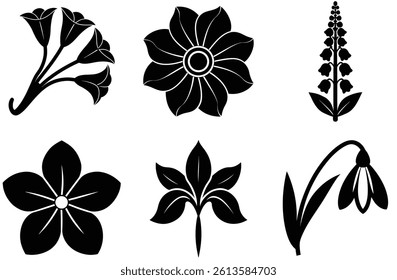 Six elegant black and white floral silhouettes: lilies, a daisy, a snowdrop, and more.