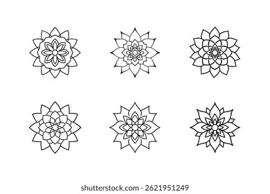 Six elegant black and white ornamental flower designs arranged on a pure white background