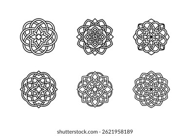 Seis diseños ornamentales circulares geométricos elegantes aislados sobre fondo blanco