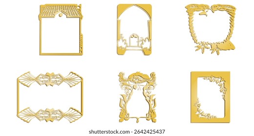 Six elegant gold frames featuring intricate, ornate designs are presented on a clean white background. Perfect for vintage invitations, wedding cards, and sophisticated design elements.