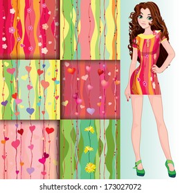 Six elegant with hearts, flowers and waves. For example - girl in dress with first pattern. CMYK