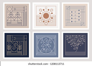 Six elegant thin line illustrations in Art Deco style inspired by autumn and winter seasons