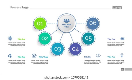 Six elements flowchart template. Business data. Elements of diagram, graphic. Plan, review, research, training or teamwork creative concept for infographic, project.