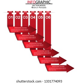 Six elements of infographics in the form of red arrows.Can be used as a business,advertising,presentation,process diagram,workflow layout,banner,flow chart,info graph,concepts,tables.Info background