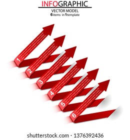Six elements of infographics in the form of red arrows.Can be used as a business,advertising,presentation,process diagram,workflow layout,banner,flow chart,info graph,concepts,tables.Info background