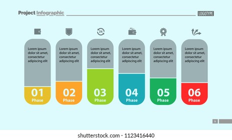Six elements process chart slide template. Business data. Model, comparison, design. Creative concept for infographic, presentation, report. Can be used for topics like marketing, economics, analytics