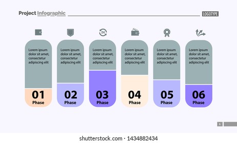 Six elements process chart slide template. Business data. Model, comparison, design. Creative concept for infographic, presentation, report. Can be used for topics like marketing, economics, analytics