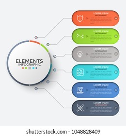 Six elements with thin line pictograms, letters and place for text inside connected to central circle. Workflow diagram with 6 choice option. Modern infographic design template. Vector illustration.