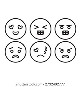 Six emoji faces showcasing varied expressions of happiness anger sadness and confusion on a plain background
