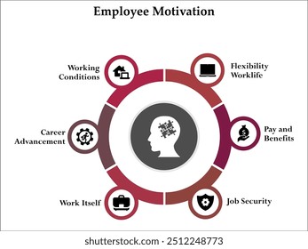 Motivación de seis empleados: flexibilidad en la vida laboral, salario y beneficios, seguridad laboral, trabajo en sí mismo, avance profesional, condiciones de trabajo. Plantilla de infografía con iconos