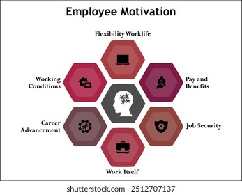 Motivación de seis empleados: flexibilidad en la vida laboral, salario y beneficios, seguridad laboral, trabajo en sí mismo, avance profesional, condiciones de trabajo. Plantilla de infografía con iconos