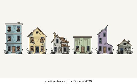 Six empty abandoned rundown houses in various states of structural decay displayed on a plain off-white background.