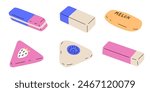 Six erasers of different colors and shapes. Ideal for study and creativity, they easily erase pencil marks. Bright and stylish accessories for school supplies. Vector illustration