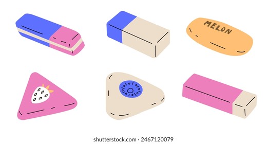 Six erasers of different colors and shapes. Ideal for study and creativity, they easily erase pencil marks. Bright and stylish accessories for school supplies. Vector illustration