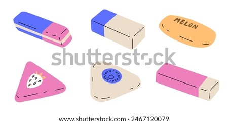 Six erasers of different colors and shapes. Ideal for study and creativity, they easily erase pencil marks. Bright and stylish accessories for school supplies. Vector illustration