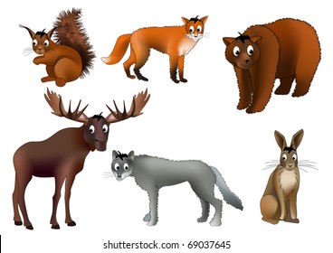 Six european animals - squirrel, fox, brown bear, elk, wolf and hare - drawn in kind child style