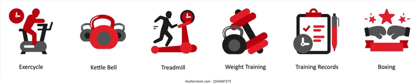 Seis iconos de ejercicio en rojo y negro como ejercicio, campana de hervidor, cinta de correr