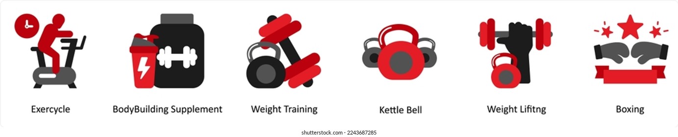 Six exercise icons in red and black as exercycle, body building supplement, weight training