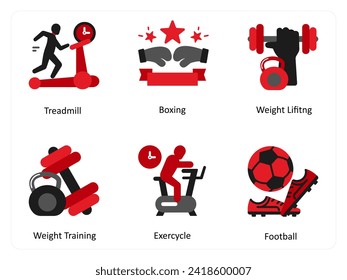 
Six exercise icons in red and black as treadmill, boxing, weight lifting, weight training
